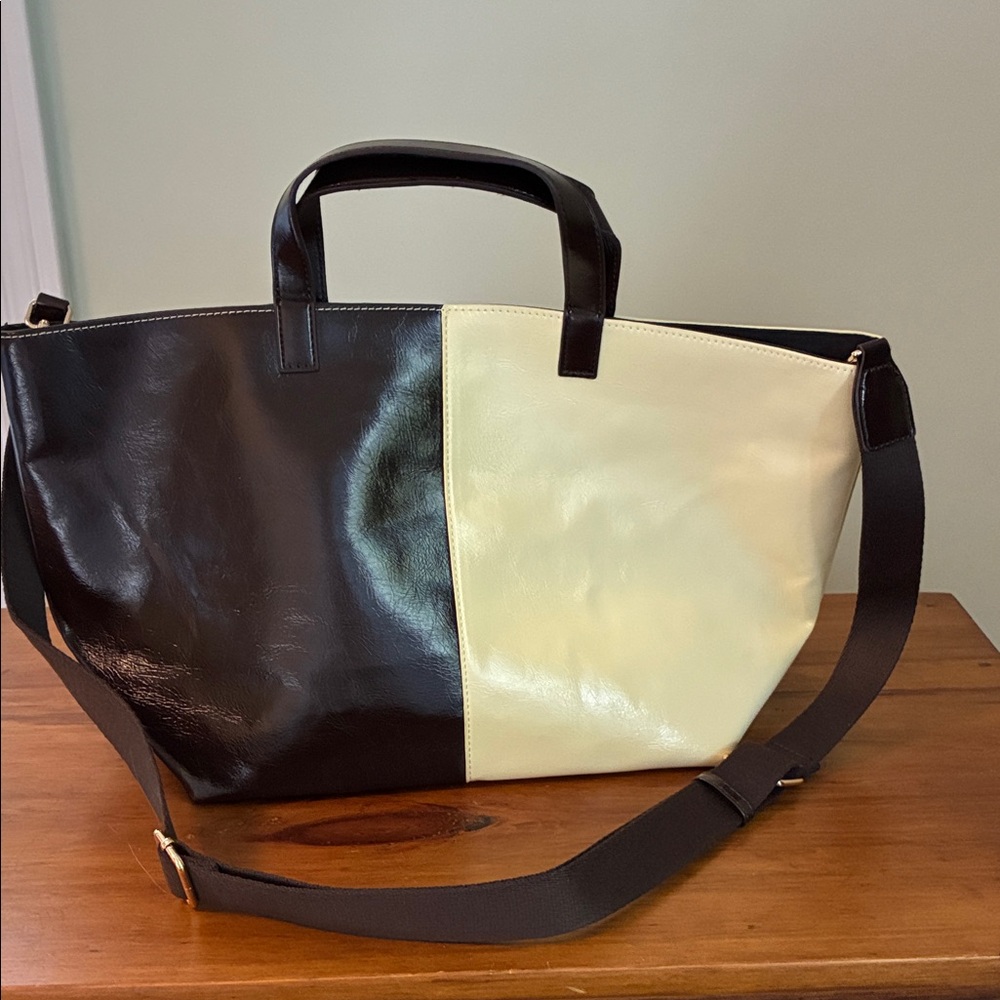 Anthropologie Brown & Cream Colorblock Tote with Crossbody Strap